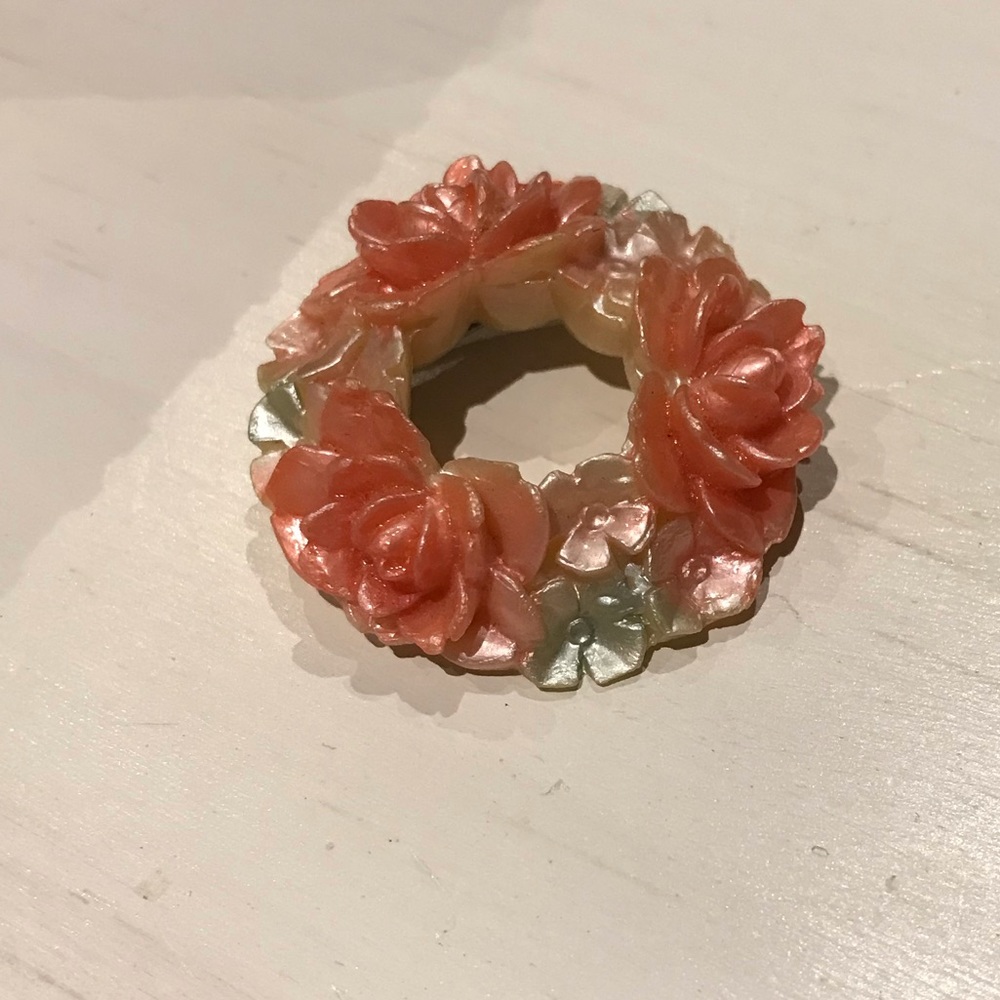 Vintage Coral Tone Floral Celluloid Brooch Japan